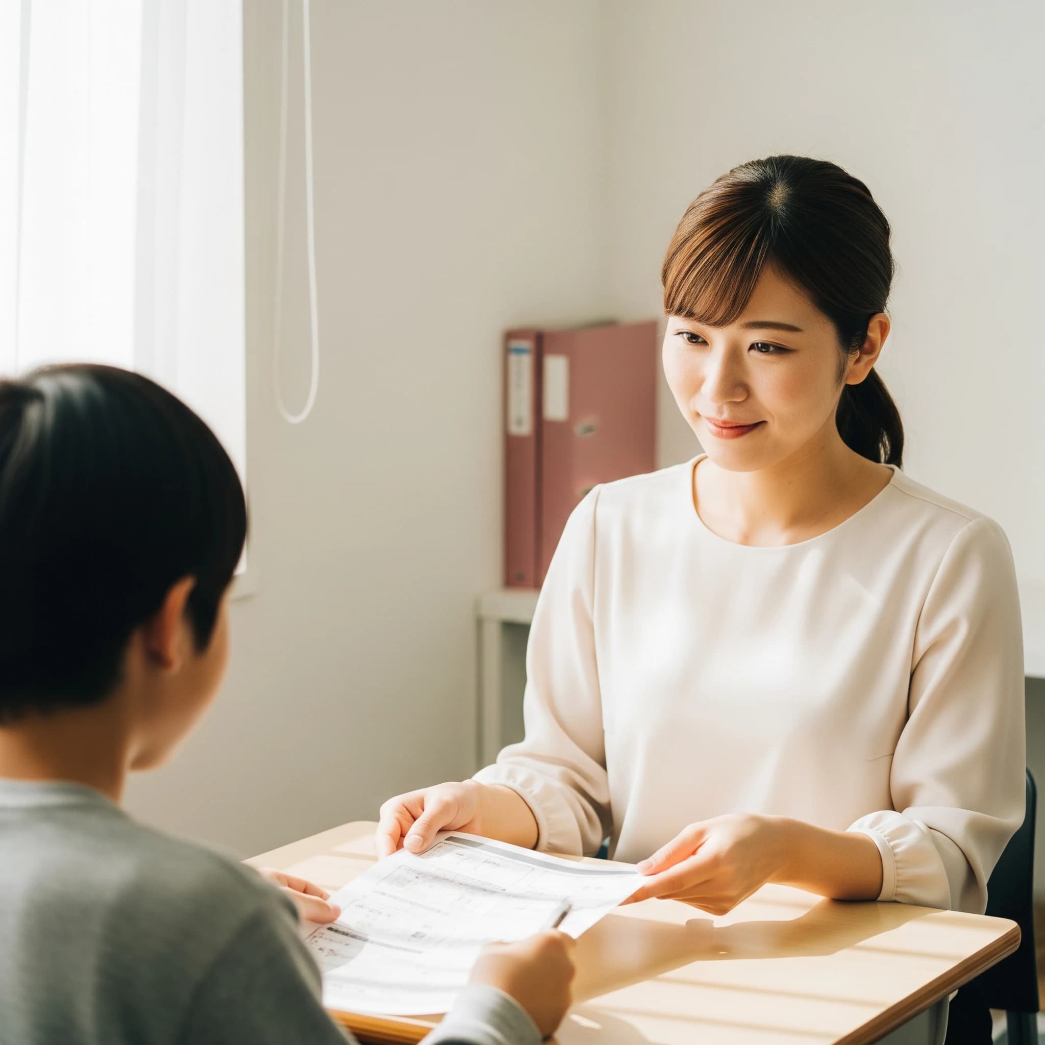 小学生にプリントを手渡す講師
